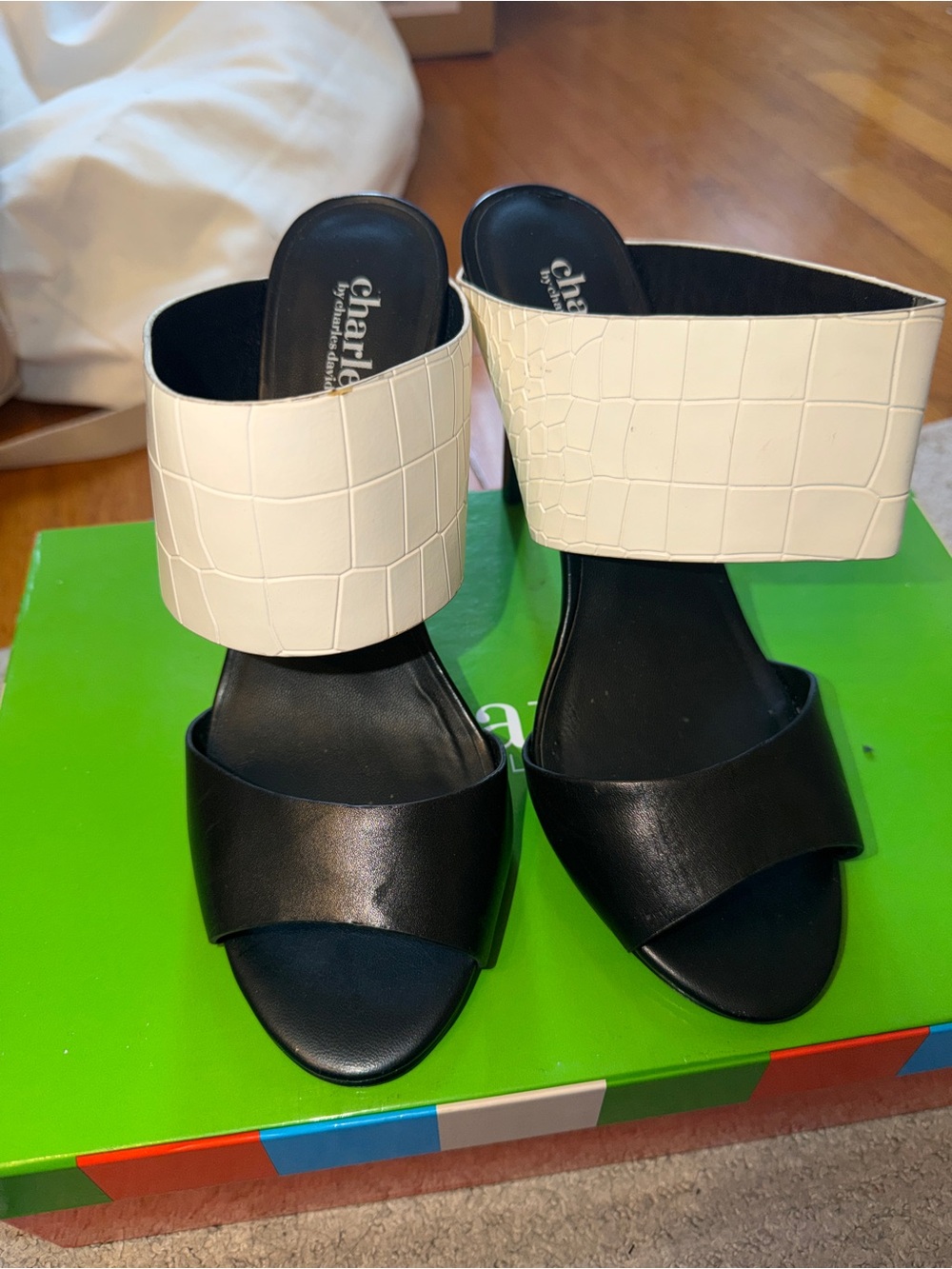 Charles By Charles David Black and White Croc-Textured Slide Heels